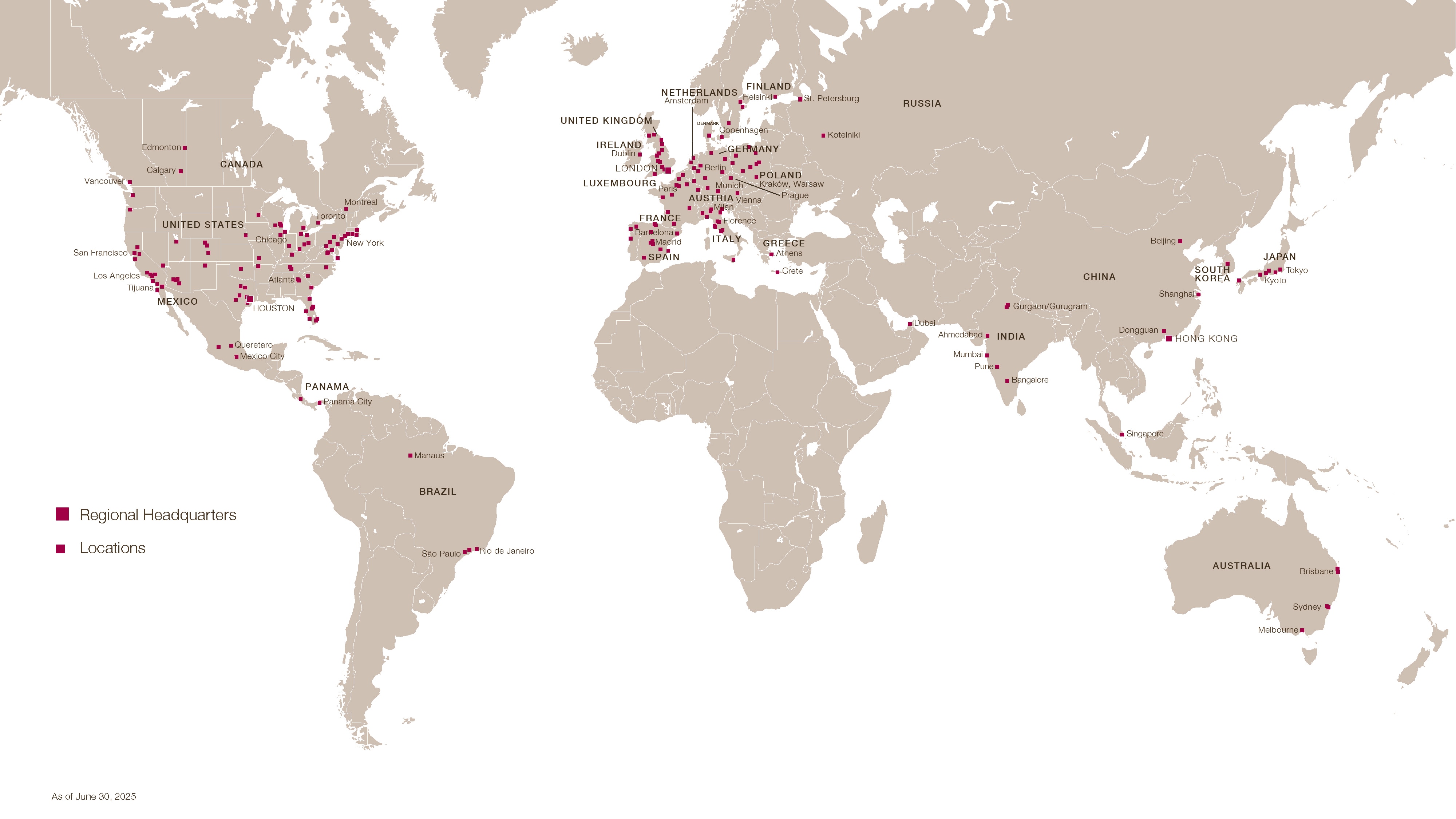 Mapa de atuação da Hines - parceira no empreendimento